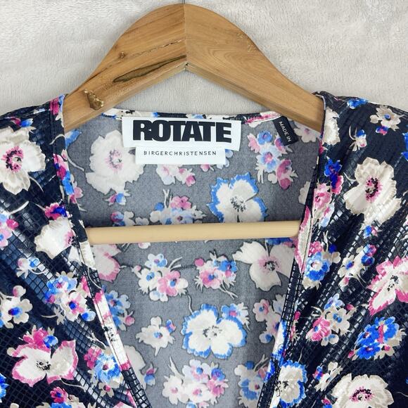 Rotate Birger Christensen Sierra Ruched Floral Print Jersey Top Black Combi Sz 6 - Picture 2 of 11